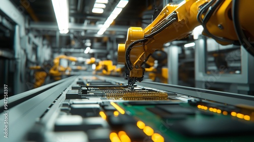 Robotic arm assembling circuit boards on a conveyor belt