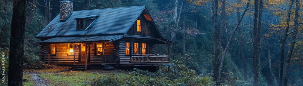 Cozy Cabin A charming wooden cabin nestled in a dense forest, with warm lights glowing from the windows at dusk Soft, natural lighting enhances the tranquil and inviting atmosphere Cozy Cabin A charming wooden cabin nestled in a dense forest, with warm lights glowing from the windows at dusk Soft, natural lighting enhances the tranquil and inviting atmosphere