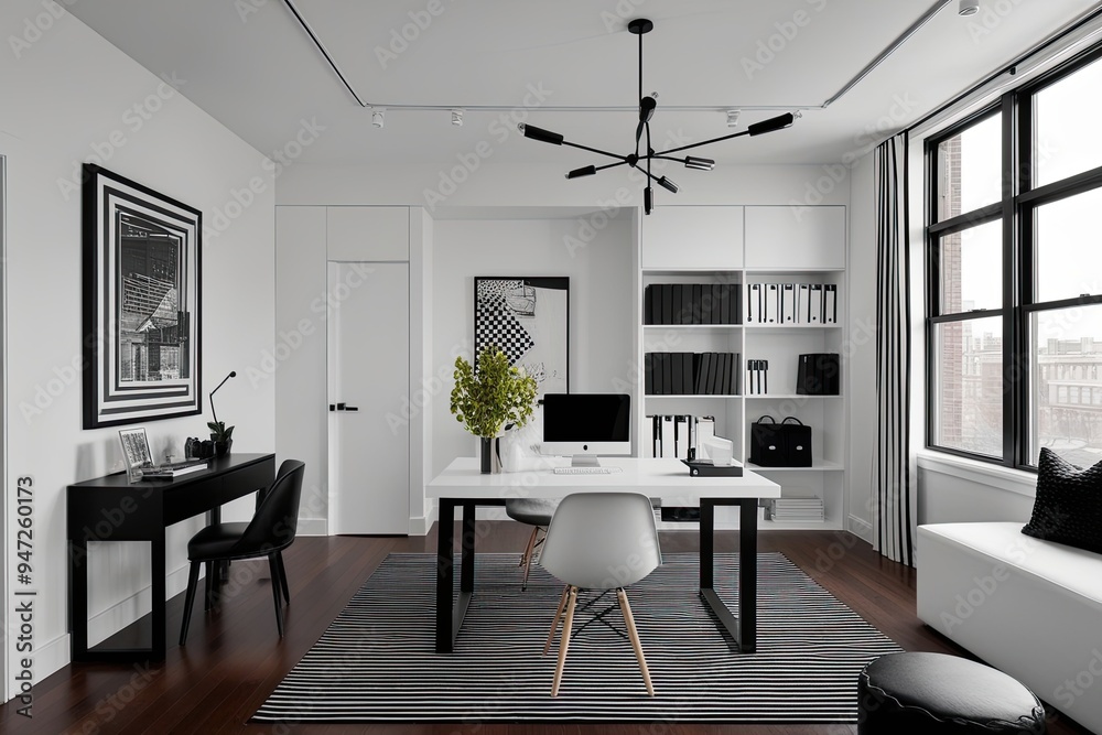 Fototapeta premium Sophisticated Black and White Minimalist Studio Office Interior Design Ideas