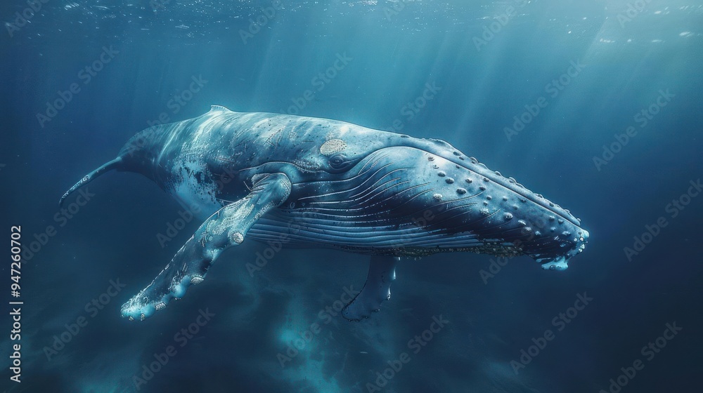 Fototapeta premium A majestic underwater scene featuring the tail end of a large humpback whale,