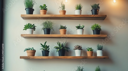 Floating Plant Shelves A minimalist wall with wooden floating shelves adorned with various small potted plants Soft, diffused lighting creates a calm and inviting atmosphere