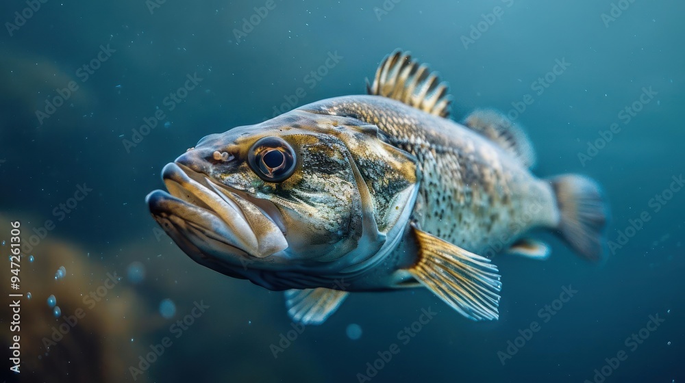 Obraz premium A close-up image of a barracuda underwater, featuring its distinct spotted pattern.