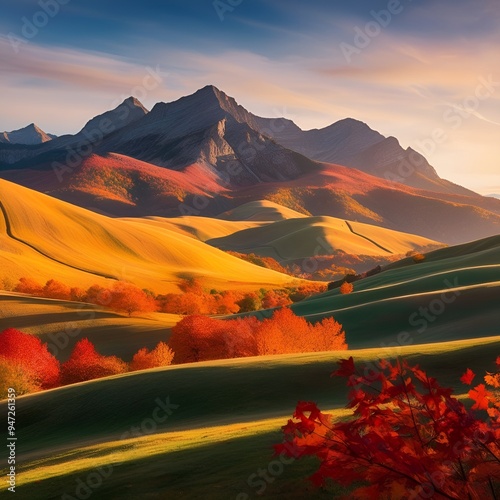 Extraordinary autumn landscape. Green fields with haystacks. Trees covered with orange and crimson leaves. Mountain landscapes