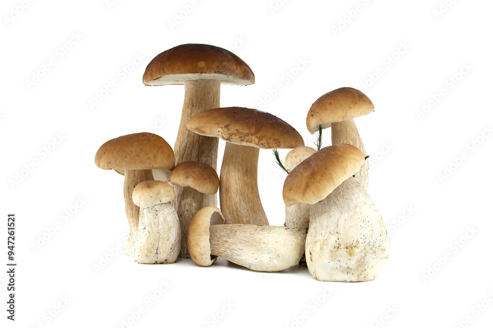 Fresh penny bun mushrooms on a white background presented in a group Fresh penny bun mushrooms on a white background presented in a group