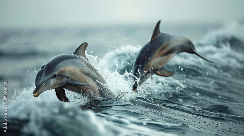Obraz premium Two dolphins leaping out of water, likely performing a playful behavior known as 'porpoising'