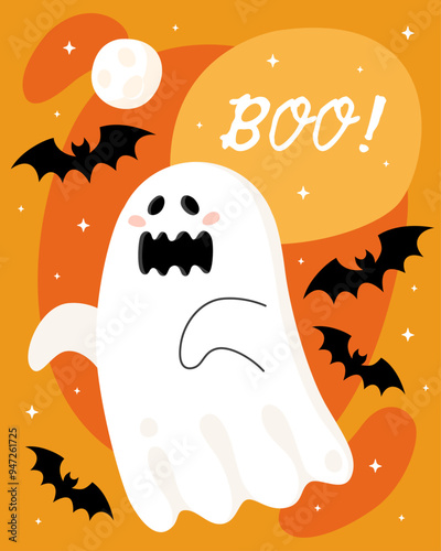 Halloween greeting card. Cute cartoon ghost, spirit. Little cute scary toothy ghost. Boo! Orange background, bats, moon.	