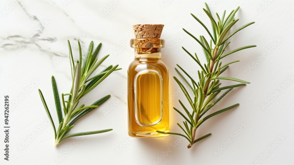 Rosemary oil with rosemary herbs with cork isolated on a white background Rosemary oil with rosemary herbs with cork isolated on a white background