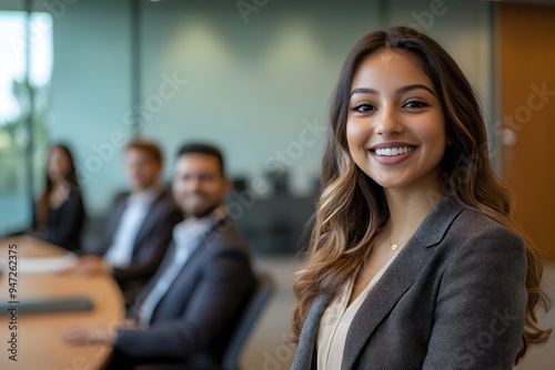 Business Woman Smiling in Office Meeting Room photo