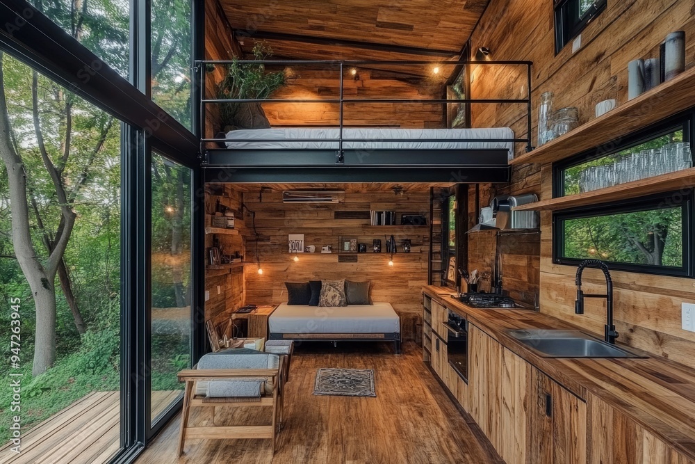 Interior photo of a small house with a kitchen, featuring a modern country style. Interior photo of a small house with a kitchen, featuring a modern country style.