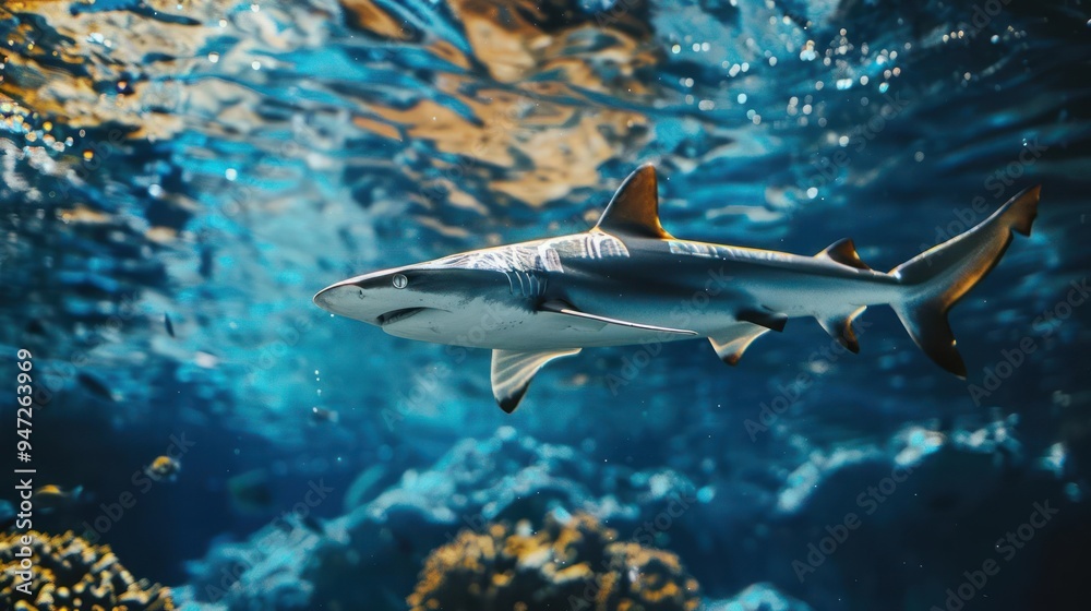 Fototapeta premium A large shark is swimming in the ocean, surrounded by vibrant coral reefs.