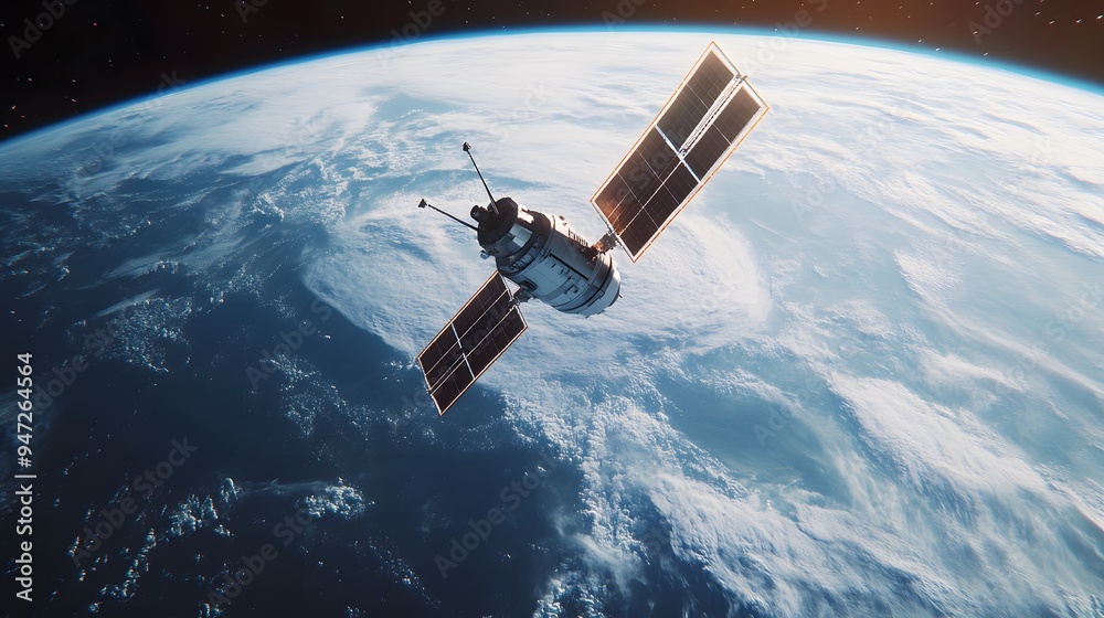 Fototapeta premium Exploring the Final Frontier: A Satellite's Journey Orbiting the Earth with a Majestic View of Our Blue Planet