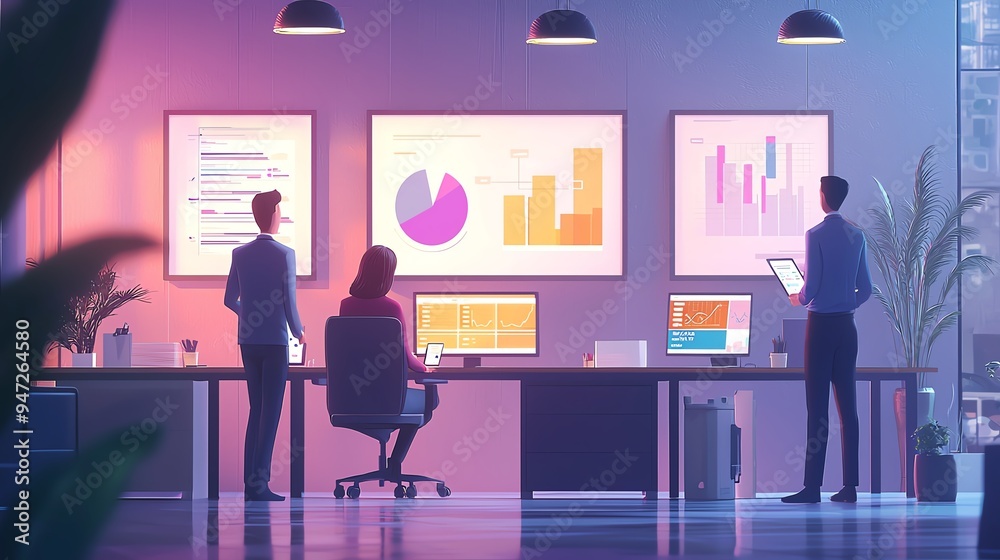 Business team analyzing data on charts in modern office. Professional environment with vibrant colors and digital displays. Business team analyzing data on charts in modern office. Professional environment with vibrant colors and digital displays.
