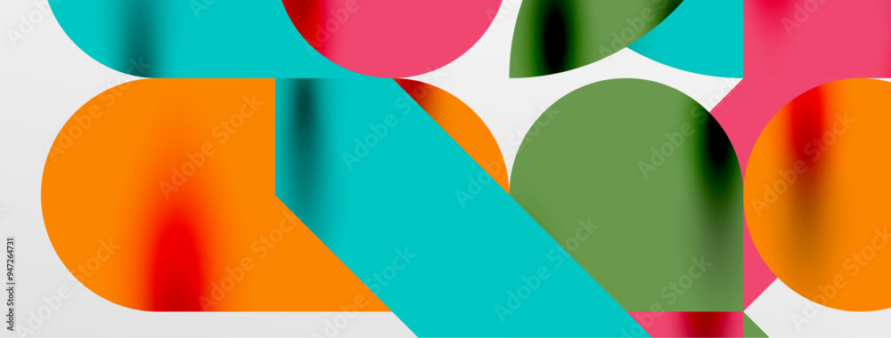 Mosaic geometric elements. Colorful circles, round geometric shapes and lines with shadow 3d effects. Simple forms abstract background for wallpaper, banner, template or landing Mosaic geometric elements. Colorful circles, round geometric shapes and lines with shadow 3d effects. Simple forms abstract background for wallpaper, banner, template or landing
