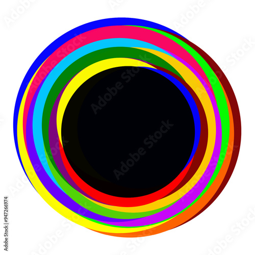 A black circle is surrounded by bright, ring-shaped circles. creative visual art logo