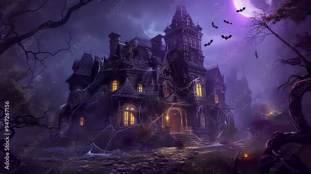A spooky haunted house in a dark forest with a full moon and bats flying overhead A spooky haunted house in a dark forest with a full moon and bats flying overhead