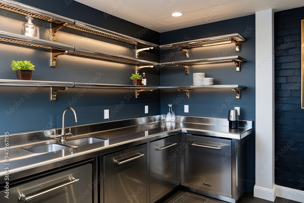 Sleek Polished Chrome Countertop and Empty Slate Bistro Shelf with Accent Lighting in Modern Workspace Sleek Polished Chrome Countertop and Empty Slate Bistro Shelf with Accent Lighting in Modern Workspace