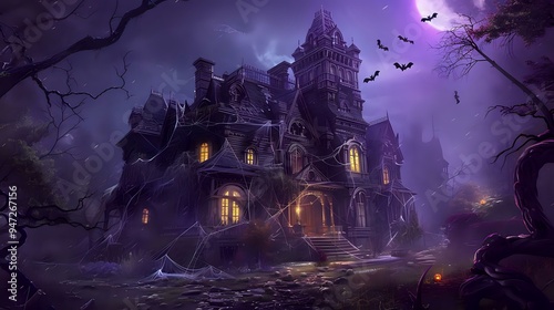 A spooky haunted house in a dark forest with a full moon and bats flying overhead