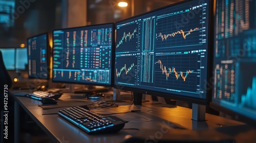 Trading Desks Multiple monitors displaying complex financial data and stock charts, arranged in a grid on a trading desk Bright, sharp lighting, focus on the screen details