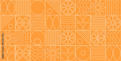Abstract geometric lines background orange fruits icons. Bauhaus pattern abstract geometric. Template for cover design, food packaging, menu, background, web banner, organic food.