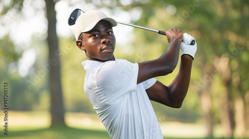 Black Male Golfer Taking A Swing. In His Teens or Early 20s