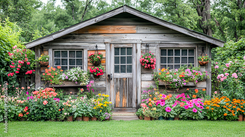 Serene Backyard Oasis: Colorful Flower Garden and Rustic Shed Retreat