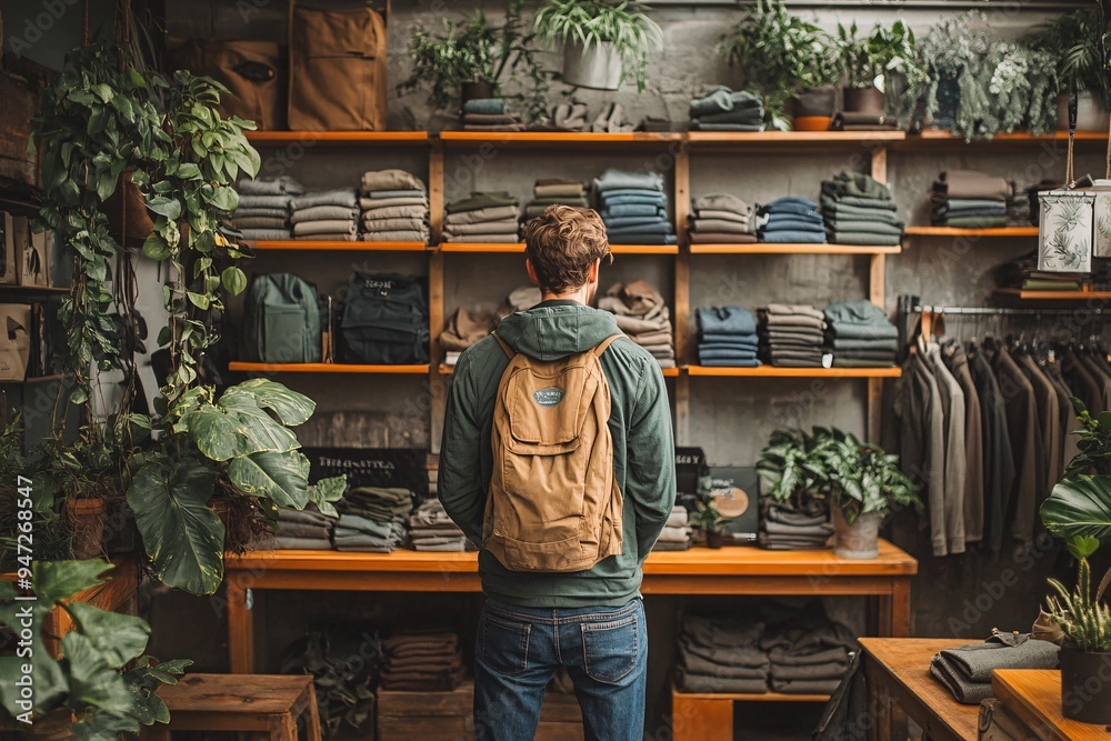 Eco-Friendly Fashion Store with Backpack Display Eco-Friendly Fashion Store with Backpack Display