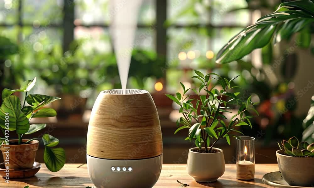 A close-up shot of a wooden essential oil diffuser on a table with plants in the background.