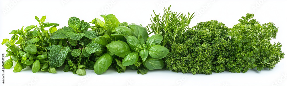 fresh green herbs, including basil, mint, and parsley, isolated on a white background