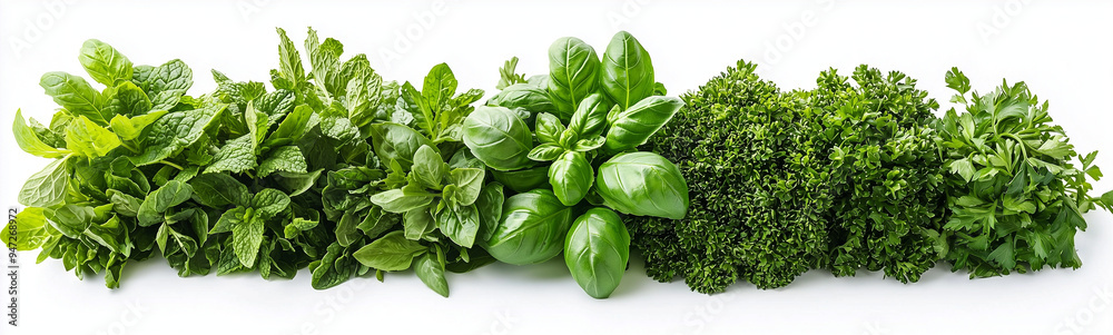 fresh green herbs, including basil, mint, and parsley, isolated on a white background fresh green herbs, including basil, mint, and parsley, isolated on a white background