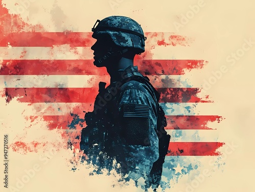 Veterans Day graphic material Patriotic American Flag and Military Memorabilia, American flag watercolor, Military boots silhouette, Soldier tribute