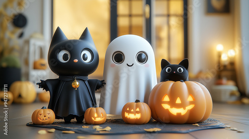 Cute Halloween decoration with smiling ghost, jack-o'-lanterns, and black cats.