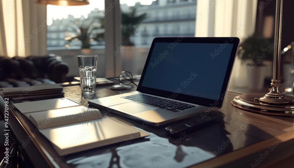 Laptop, notebooks, glass of water, and lamp on a wooden desk with a city view outside the window. Laptop, notebooks, glass of water, and lamp on a wooden desk with a city view outside the window.