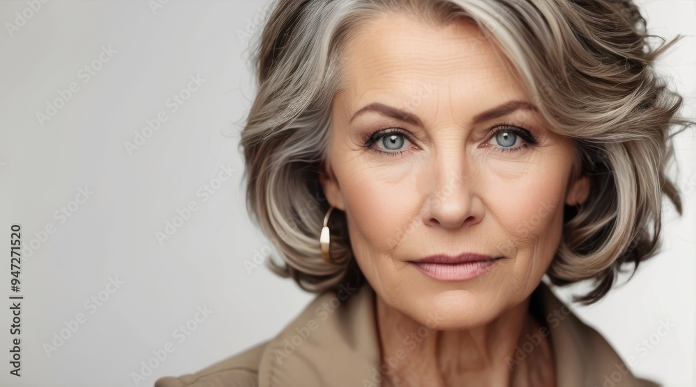 Naklejka premium Beautiful gorgeous middle age mature woman looking at camera isolated on white. Mature old lady close up portrait. Healthy face skin care beauty, skincare cosmetics, cosmetology concept copy space