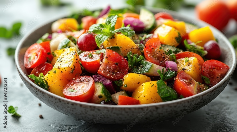 Close-Up of Vibrant Healthy Salad with Fruits and Vegetables in Bowl on White Wooden Table, Concept for Fresh Food and Slimming Eating Style, High-Resolution Stock Photo Contest Winner Close-Up of Vibrant Healthy Salad with Fruits and Vegetables in Bowl on White Wooden Table, Concept for Fresh Food and Slimming Eating Style, High-Resolution Stock Photo Contest Winner