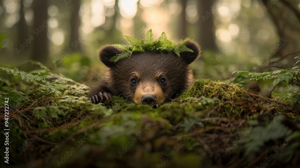 Adorable Brown Bear Cub with Fern Crown in Forest Adorable Brown Bear Cub with Fern Crown in Forest