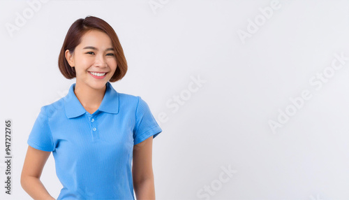 A portrait of an Asian woman wearing a light blue polo shirt.