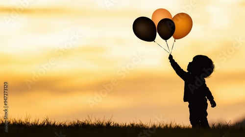 Silhouette of a child reaching for balloons in a field, embodying dreams and the desire to reach new heights