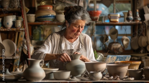 Inspired female potter standing in her workshop with a netbook next to it She watches the pottery stream. Drawing on creative insights to create her intricate pottery products.