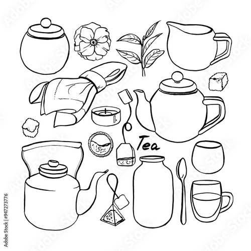 Tea set with teapot, dishes, tea plant. Black and white outline tea set. Hand drawn illustrations black and white isolated EPS file for packaging design, postcards, textiles