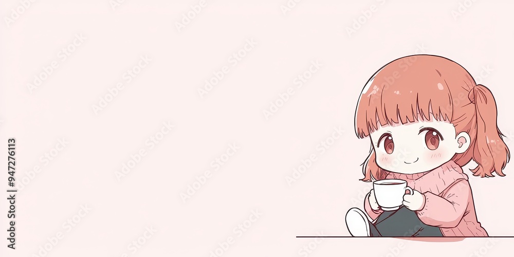 Cute Anime Girl Drinking Coffee with Pink Sweater Cute Anime Girl Drinking Coffee with Pink Sweater