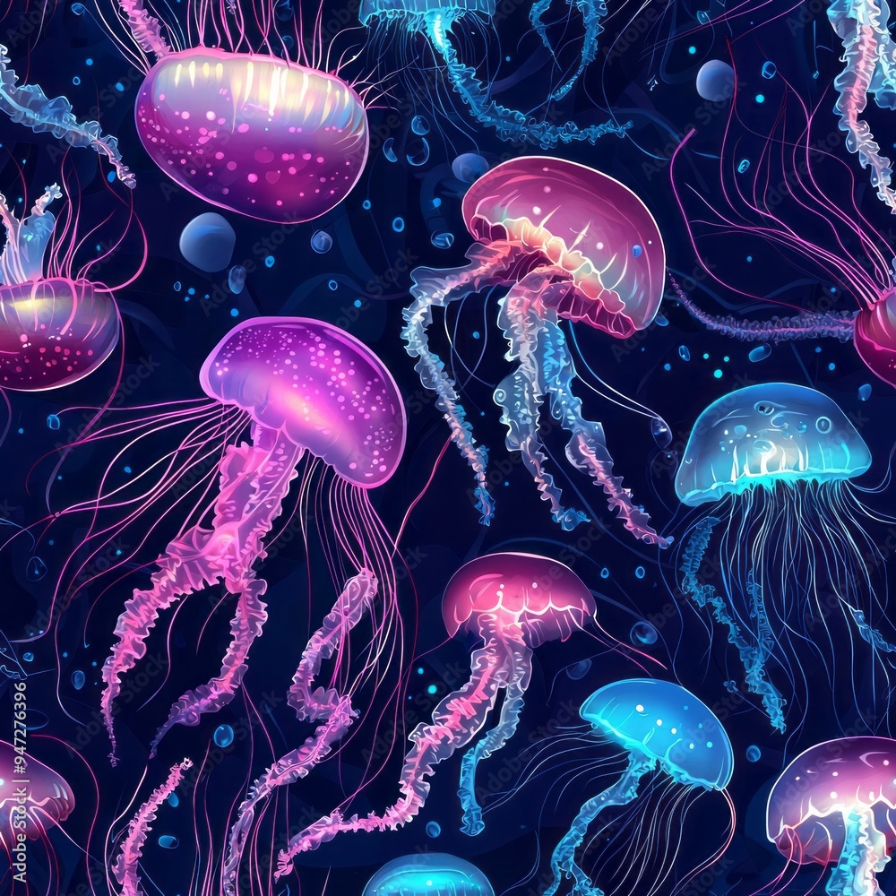 Seamless pattern of glowing jellyfish and mysterious deep-sea creatures Seamless pattern of glowing jellyfish and mysterious deep-sea creatures