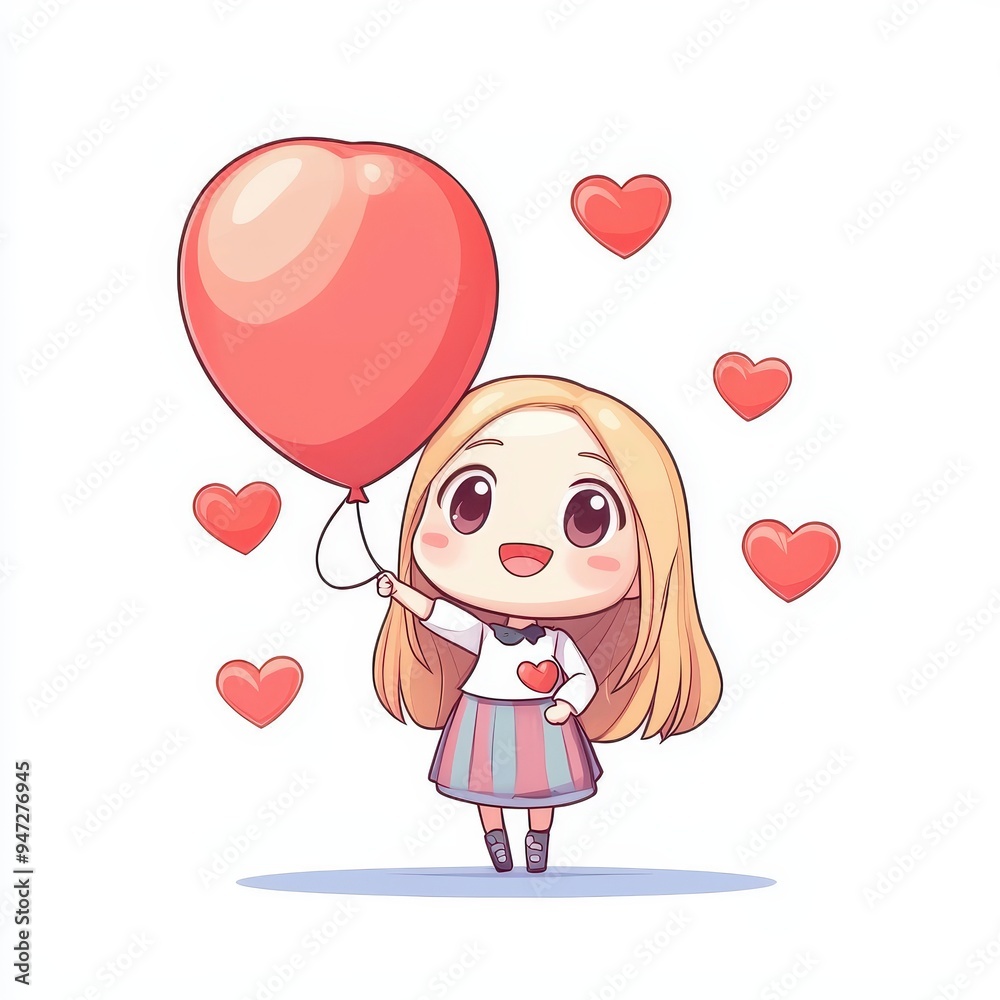 Cute Cartoon Girl Holding Heart Shaped Balloon with Hearts Around Her Cute Cartoon Girl Holding Heart Shaped Balloon with Hearts Around Her