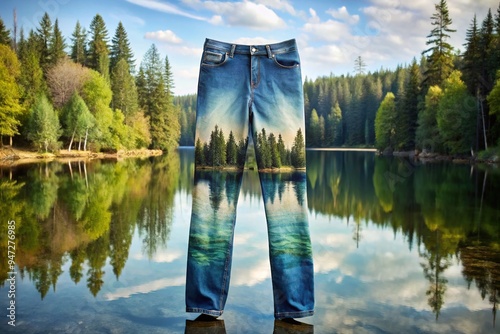 A chill pair of jeans featuring a serene lake scene, encircled by trees, radiating a sense of calm and tranquility. photo