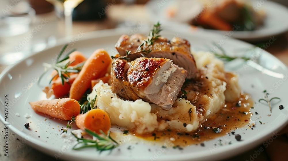 Mashed Potatoes and Roasted Vegetables Accompanying a Perfectly Cooked and Seasoned Meat Plate Mashed Potatoes and Roasted Vegetables Accompanying a Perfectly Cooked and Seasoned Meat Plate