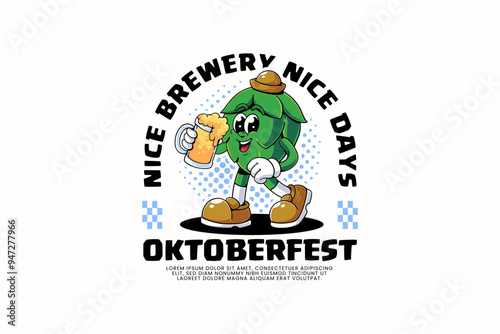 hop or beer cone pine retro cartoon character mascot illustration wearing a hat  with walking pose and holding a large glass of beer for brewery factor and bar mascots and merchandise