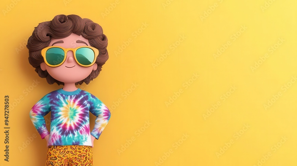 Fototapeta premium A groovy cartoon character with funky sunglasses, a tie-dye shirt, and bell-bottom pants, groovy, cartoon character, retro