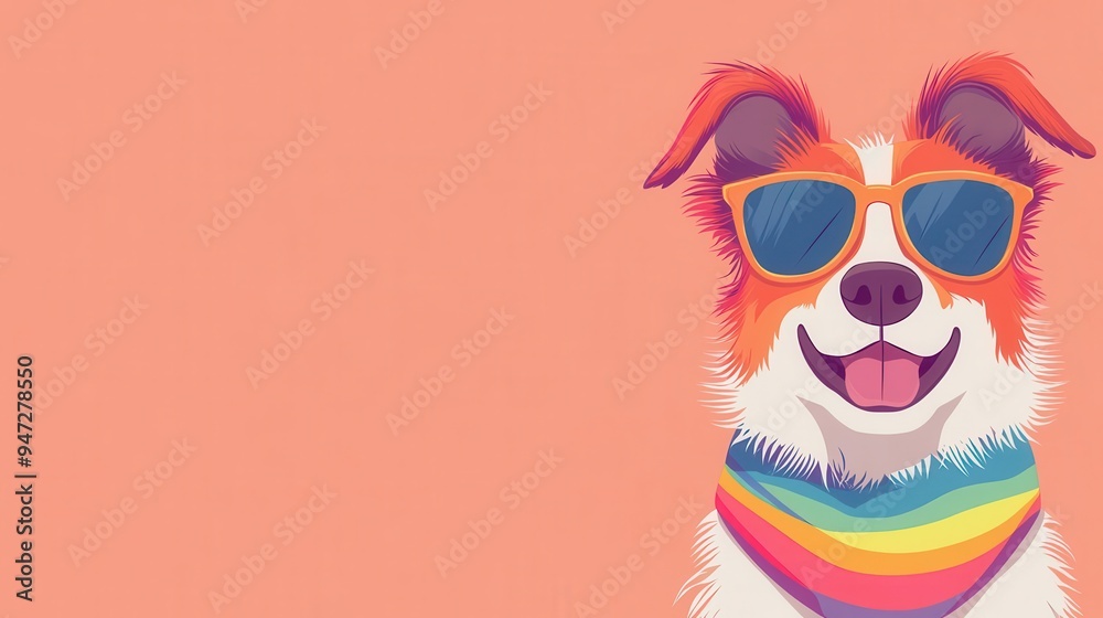 Fototapeta premium A groovy cartoon dog with floppy ears and a rainbow bandana, groovy, cartoon dog, retro