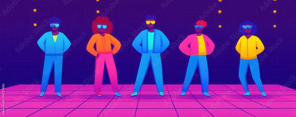 A groovy cartoon scene of a disco dance floor with characters in vibrant outfits, groovy, cartoon, disco A groovy cartoon scene of a disco dance floor with characters in vibrant outfits, groovy, cartoon, disco