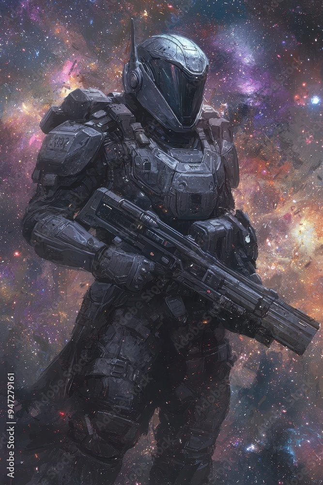 Futuristic Space Soldier with Weapon and Starry Background Futuristic Space Soldier with Weapon and Starry Background