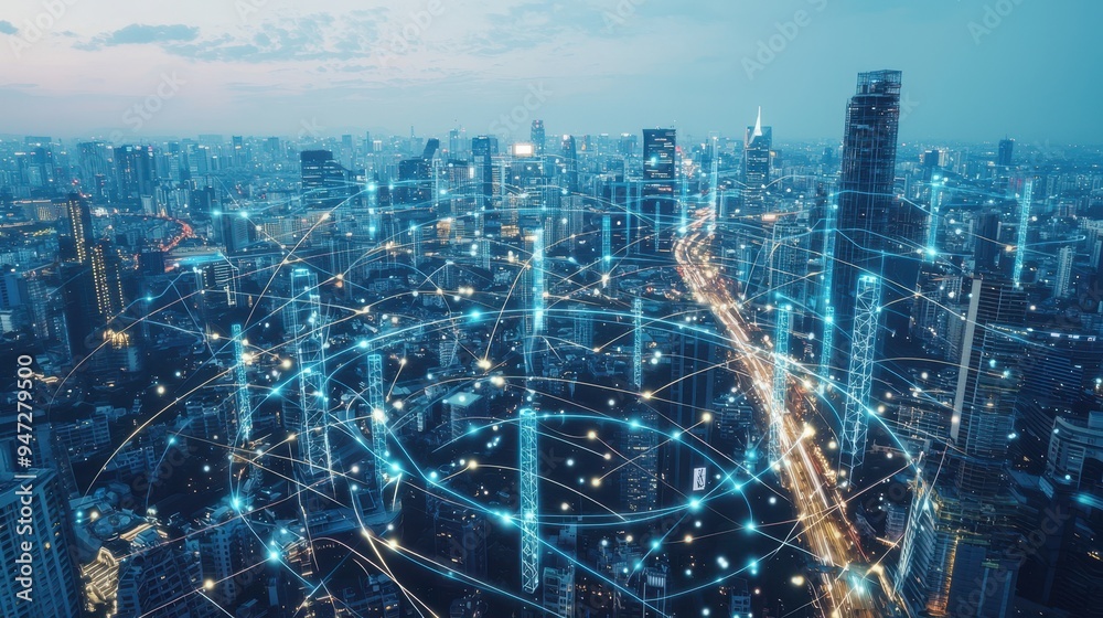 Fototapeta premium Smart City Network Technology Urban Skyline with Futuristic Digital Connections